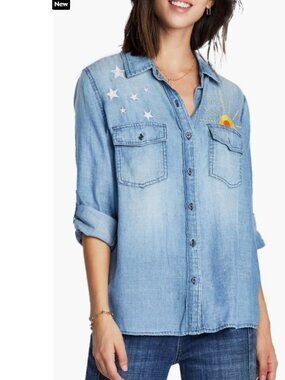 Like New! Billy T Hello Sunshine Embroidered Button-Up Shirt in Washed Blue M